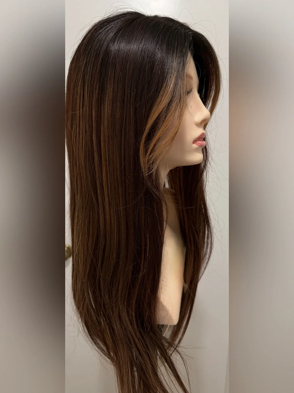 HAIR, 24” Straight Topper, Whispy bangs, Center Part, Brown Carmel Highlights